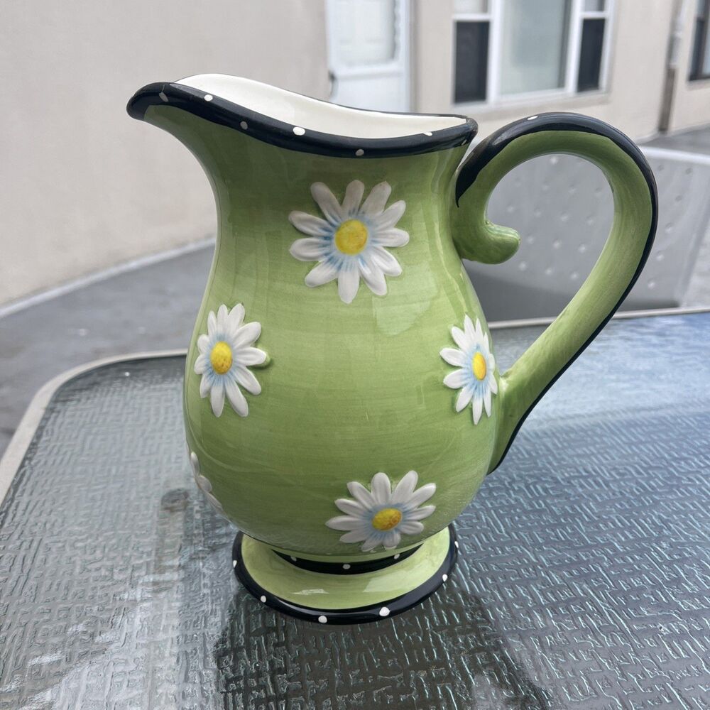 Daisy Green Ceramic Pitcher 8" Black Trim, White Polka Dots